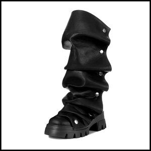 Mid Calf Fold Over Slouchy Platform Boots Chunky Heel Round Toe Glitter Metallic